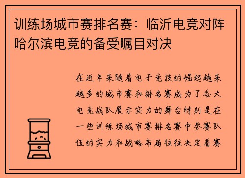 训练场城市赛排名赛：临沂电竞对阵哈尔滨电竞的备受瞩目对决